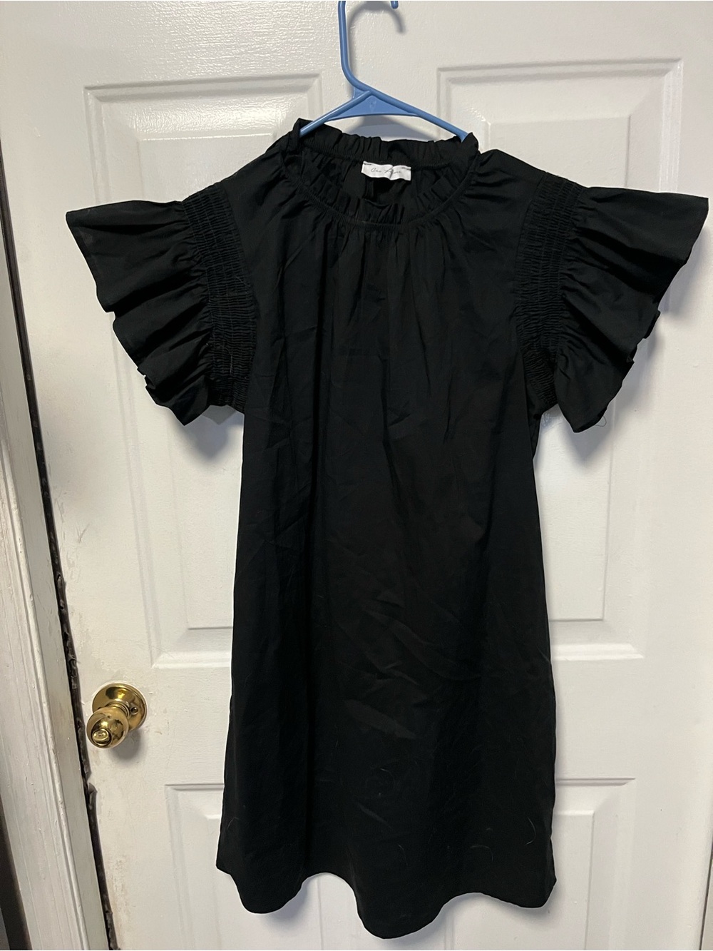 Ces Femme Black Flutter Sleeve Smocked Shoulder Dresswith pockets  size small